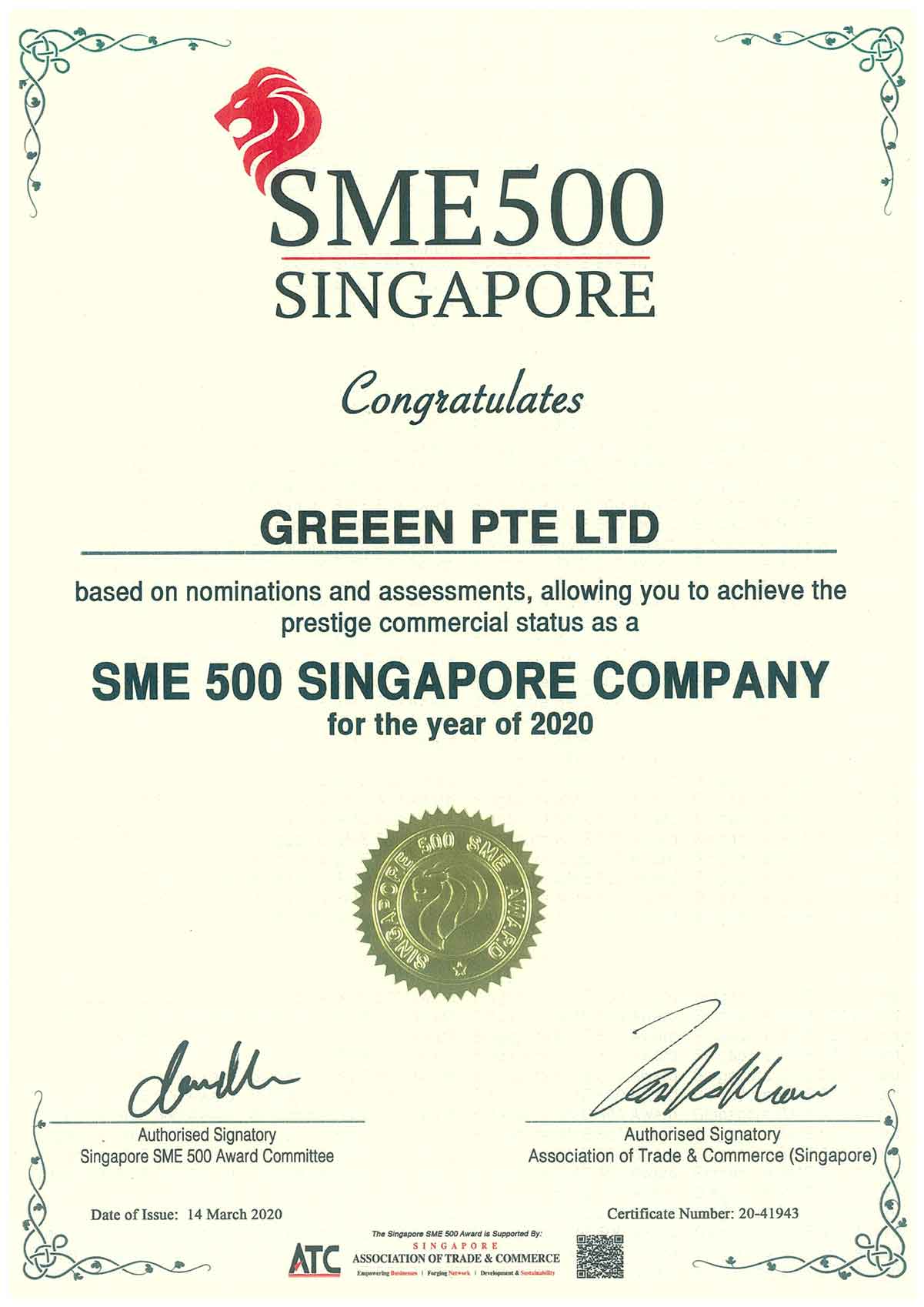 SME500 Singapore 2020-2021 Award Cert