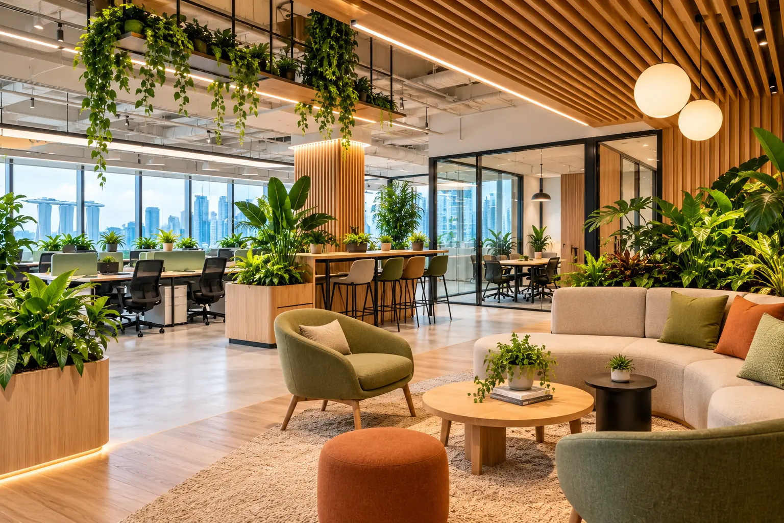 Biophilic Office Lounge with Skyline Views Biophilic office lounge with skyline views reflecting office interior design trends in Singapore